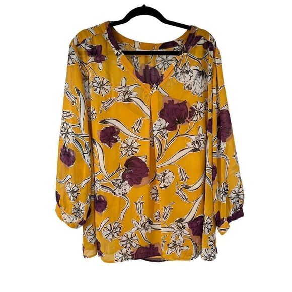 Liz Claiborne Yellow Purple‎ Floral Blouse Attached Tank Top - Picture 1 of 9